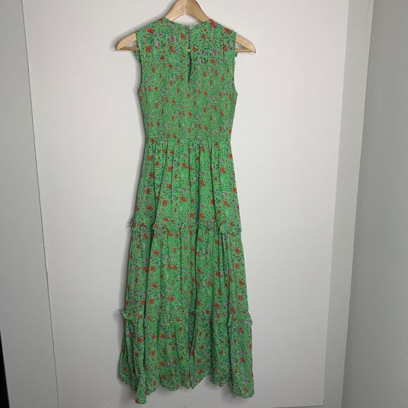 Banjanan Iris Floral Maxi Ruffle Tier Sleeveless Sheath Cotton Green Dress XS - Picture 4 of 16